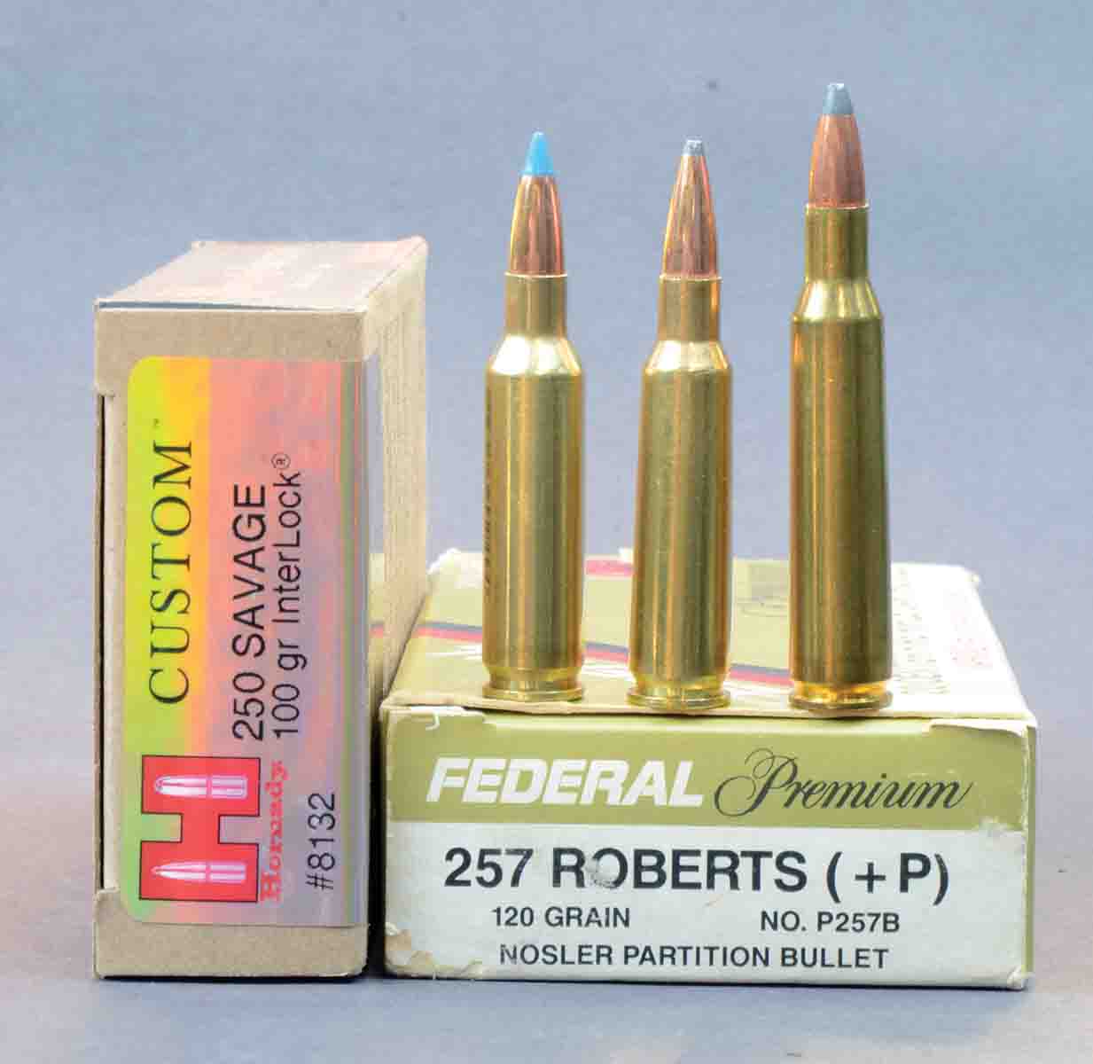 When 100-grain bullets are loaded to maximum pressure and fired in 24-inch barrels, the .250 Savage Improved is about 100 fps faster than the standard .250 Savage, and about 300 fps faster than Hornady’s factory load. It should not be expected to equal the velocity of the larger .257 Roberts when it is handloaded to maximum pressure. Cartridges include (left to right): a .250 Savage Improved, .250 Savage and a .257 Roberts.